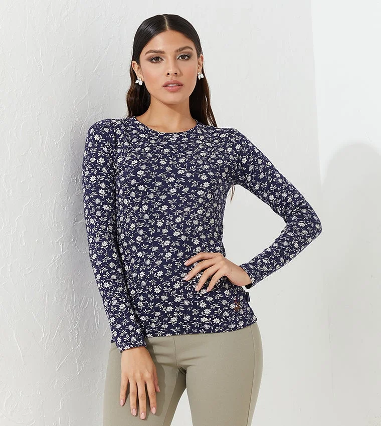Floral Long Sleeve Round Neck T-Shirt Deep Blue