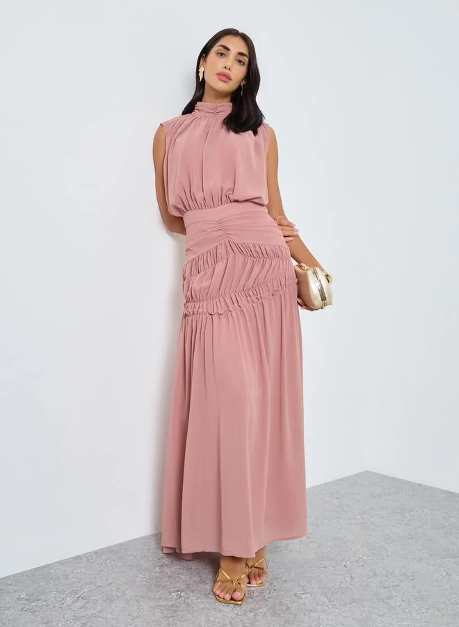 Pleated Waist Sleeveless Maxi Dress - Dusty Rose