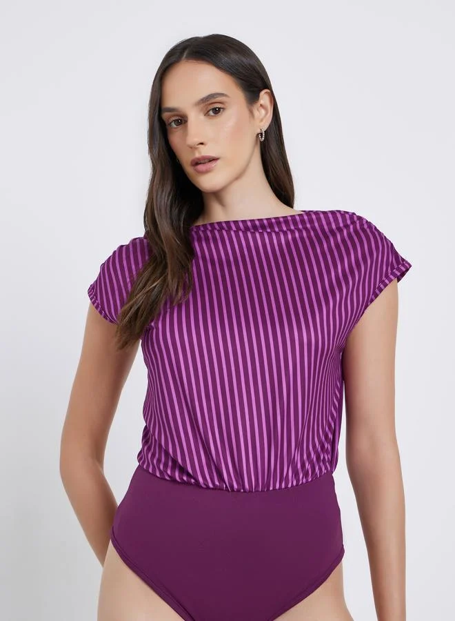 Styli Striped Short Sleeve Bodysuit Purple