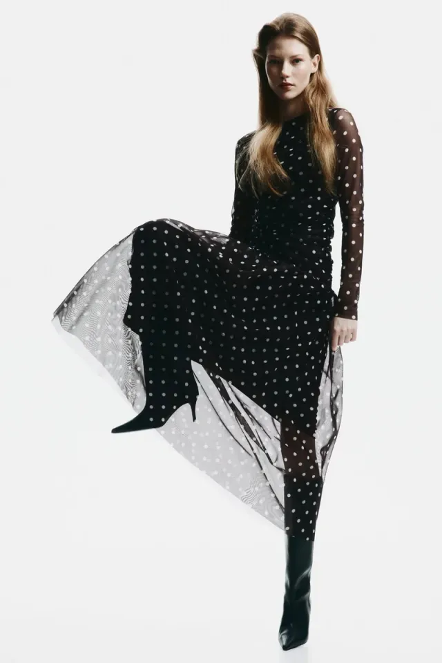 Brown Printed Fit & Flare Long-Sleeve Mesh Midi Dress – image 4