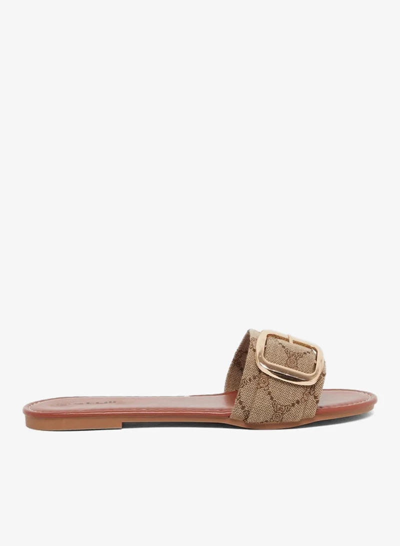 Styli Printed Buckle Flat Sandals Brown