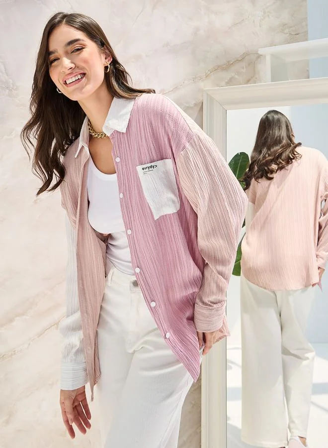Oversized Textured Drop Shoulder Shirt Pink