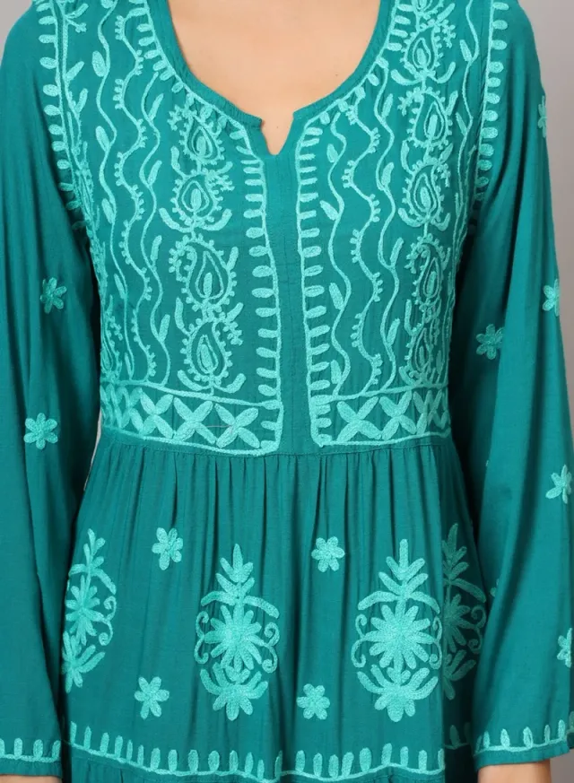 Turquoise Cotton Embroidered Jalabiya for Women - Plus Size – image 5