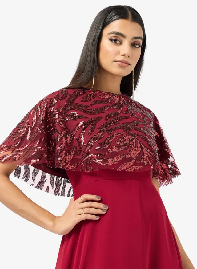Ruby Red Embellished A-Line Maxi Dress with Three-Quarter Sleeves – image 3