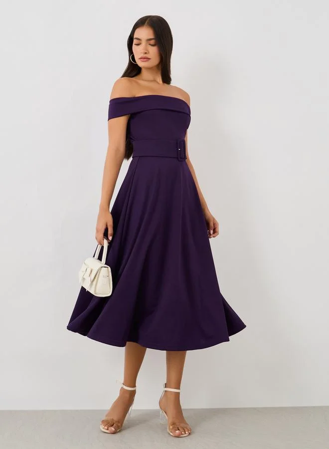 Styli Off Shoulder Belted A-Line Midi Dress Deep Purple