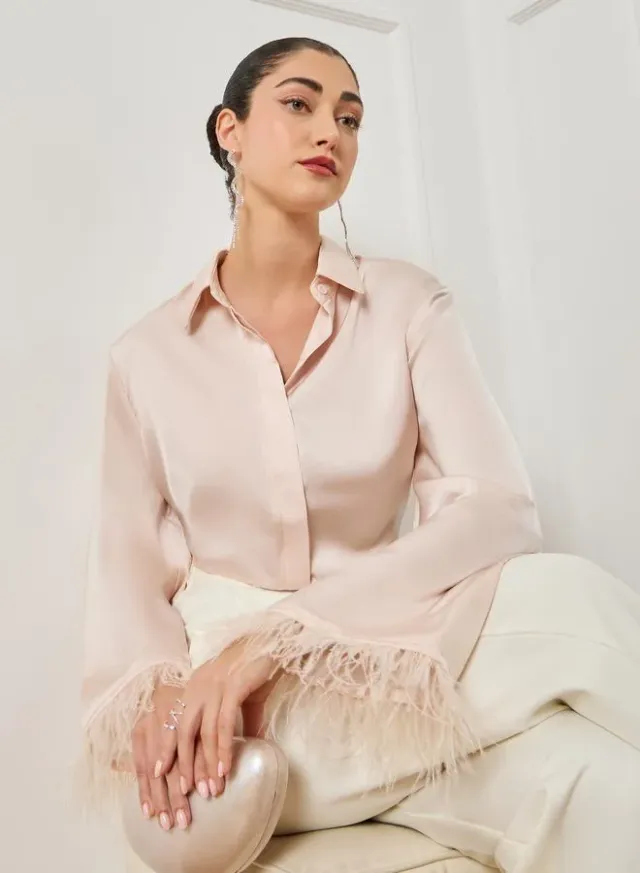 Feather Trim Satin Shirt Cream – image 4