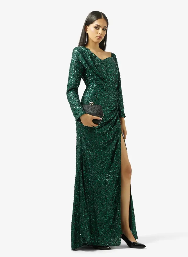 Emerald Green Maxi Fit & Flare Dress with Slit and Embellishments – image 4