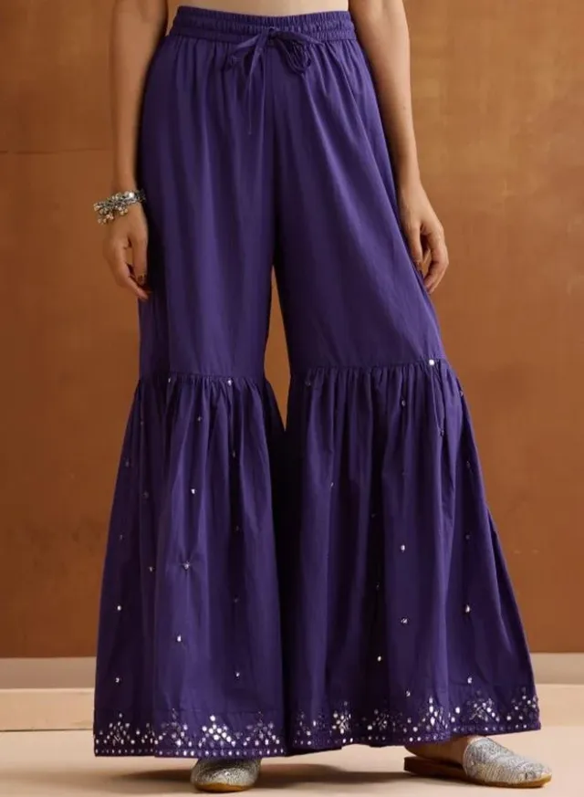 Ishin Women's Deep Violet Cotton Embellished Tunic Top & Palazzo Set – image 7