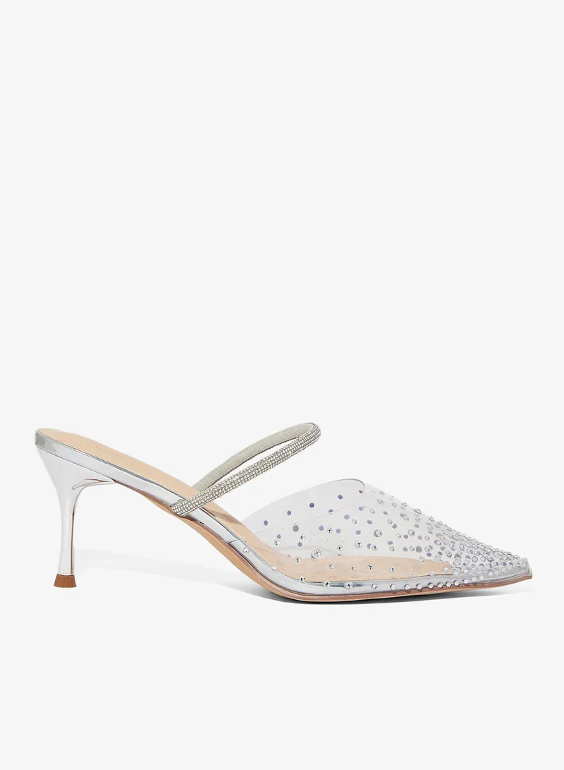 Diamante Clear Pointy Mid Heel Pump Silver