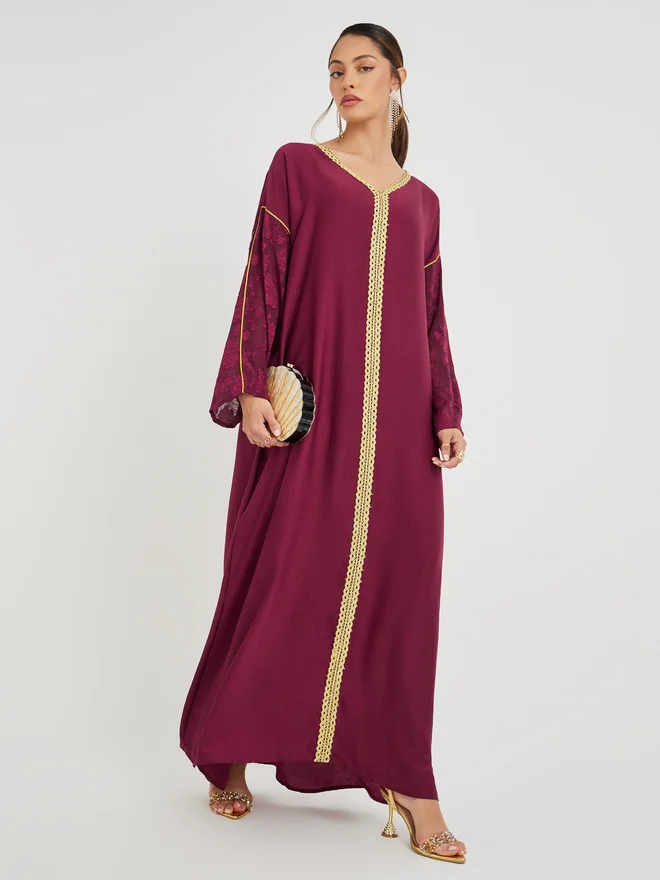 Magrabi Lace Trim Brasso Sleeve Jalabiya Burgundy