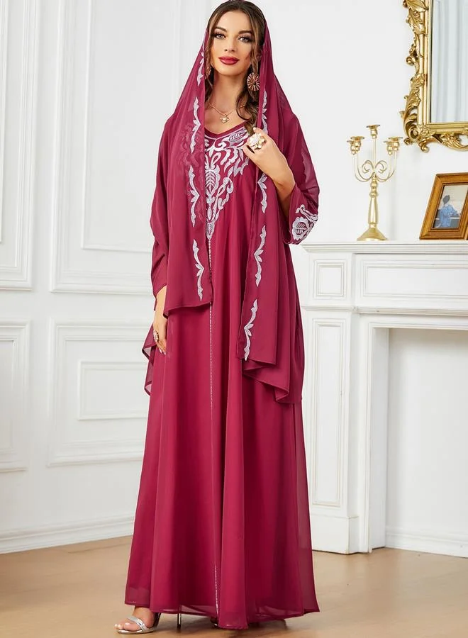Embroidered V-Neck Jalabiya with Hijab Red