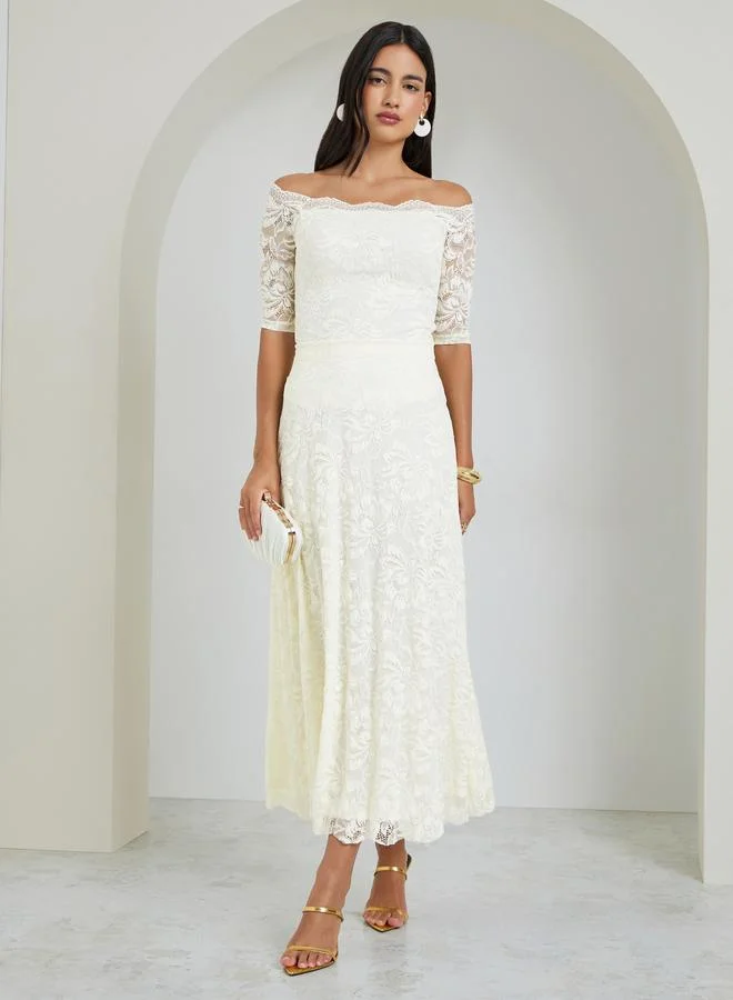 Lace Overlay A-Line Midi Skirt Cream