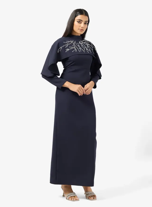 Navy Blue Embellished Maxi Shift Dress with Long Sleeves – image 4