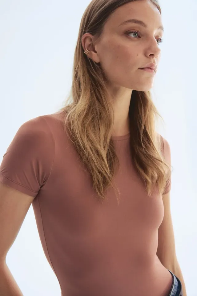Women's Brown Bodycon Short-Sleeve Microfiber Top – image 3