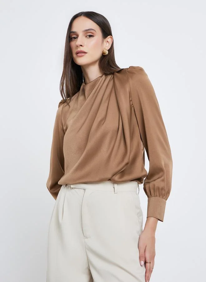 High Neck Satin Top Brown