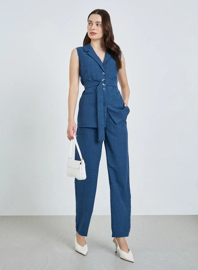 Women’s Sleeveless Belted Blazer Steel Blue