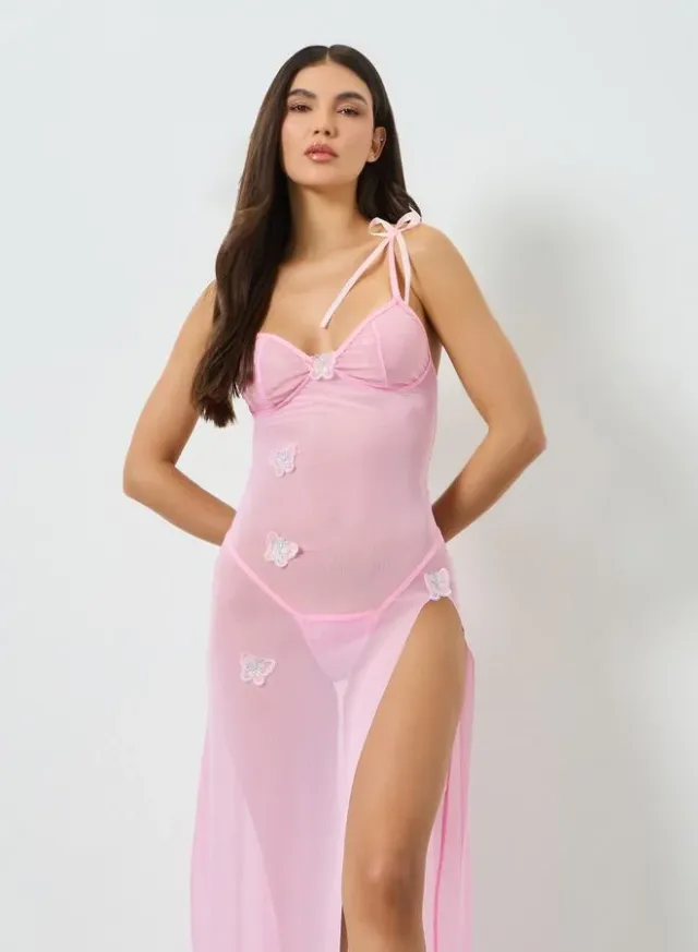 Pink Mesh Halter Neck Cami Dress with Matching Brief Set – image 2
