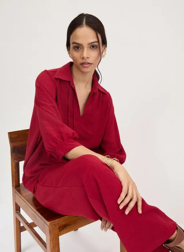 Femmella Pintuck Shirt and Pants Set Maroon – image 6