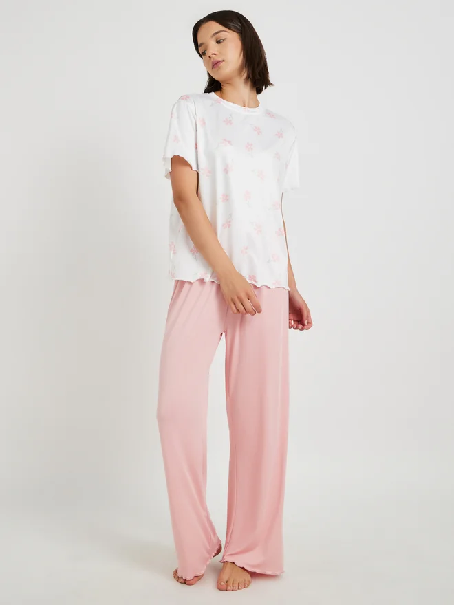 Take Two Floral Print T-Shirt and Pyjama Set Pink