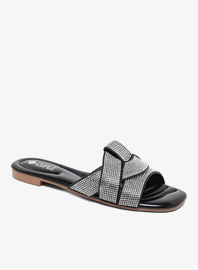Embellished Cross Strap Slide Sandals Black