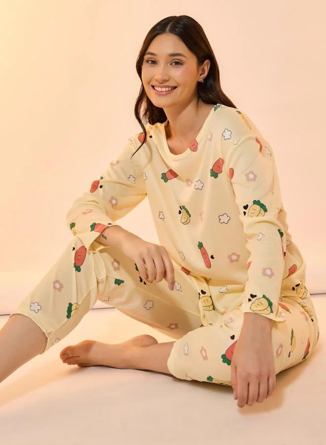 All Over Print T-Shirt & Pyjama Set Beige
