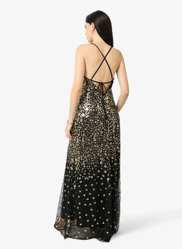 Black and Gold Maxi Fit & Flare Evening Dress with Back Tie-Up – image 2