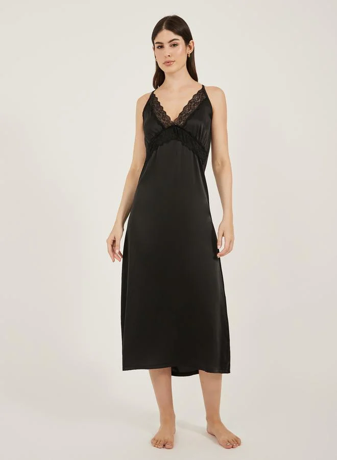 Styli Satin Lace Trim Slip Dress Black