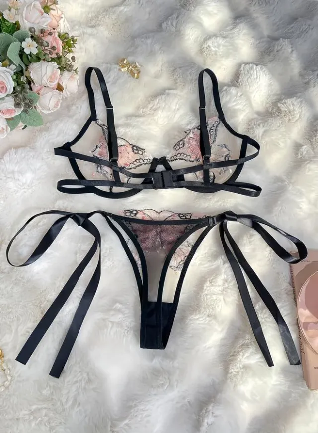 Butterfly Embroidered Mesh Bra & Thong Lingerie Set – image 2
