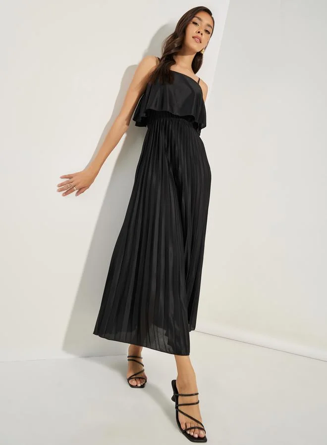 Styli Strappy Pleated Overlay Maxi Dress Black