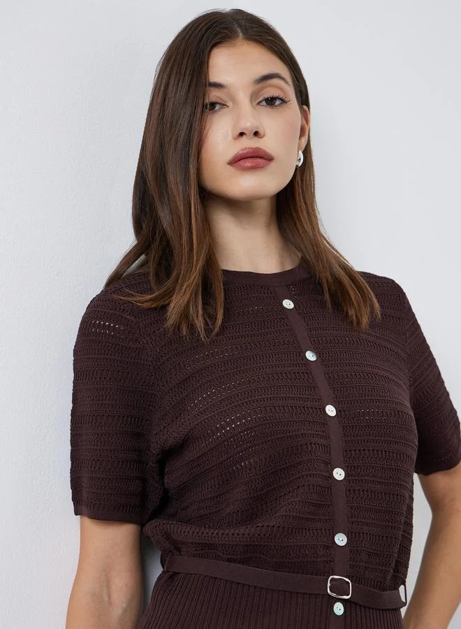 Styli Belted Knit Top Brown