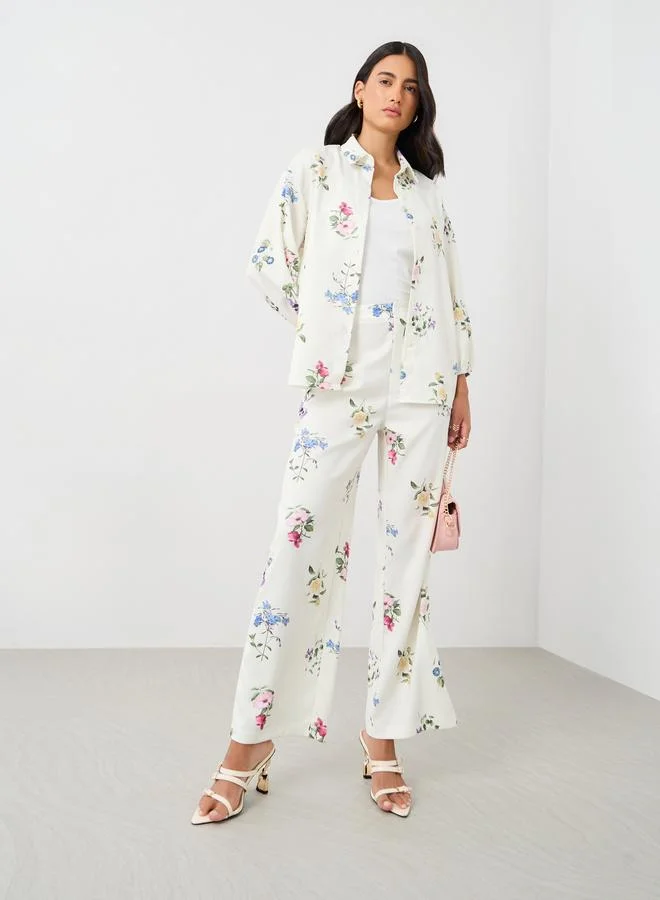 Floral Print Wide Leg Pants Beige