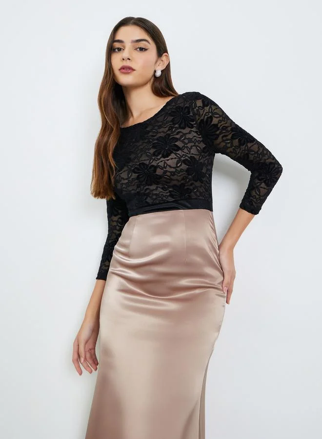 Women's Satin Lace A-Line Maxi Dress Pink