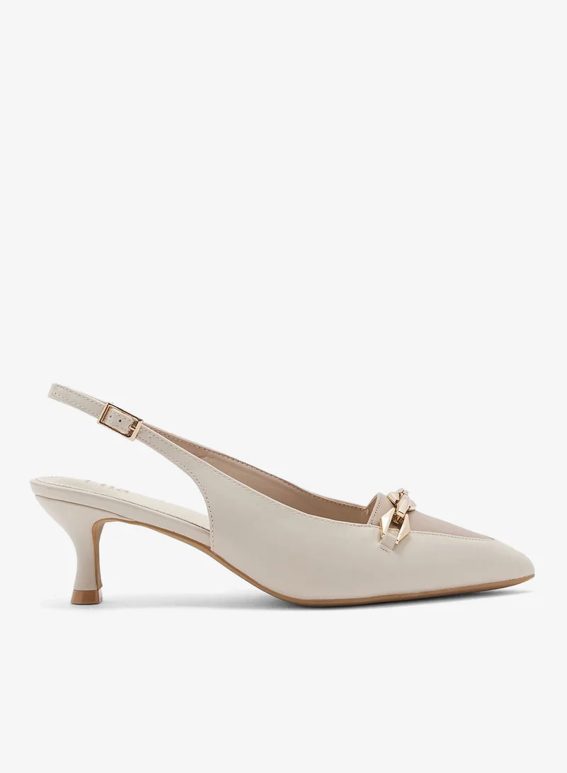 Chain Slingback Low Heel Pumps White