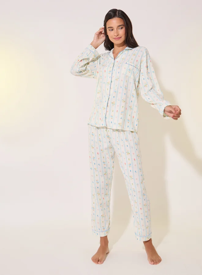 Printed Long Sleeve Pajama Set Beige