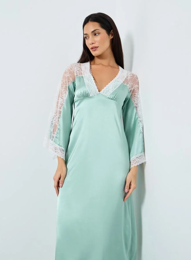 Take Two Contrast Lace V-Neck Satin Nightdress Green