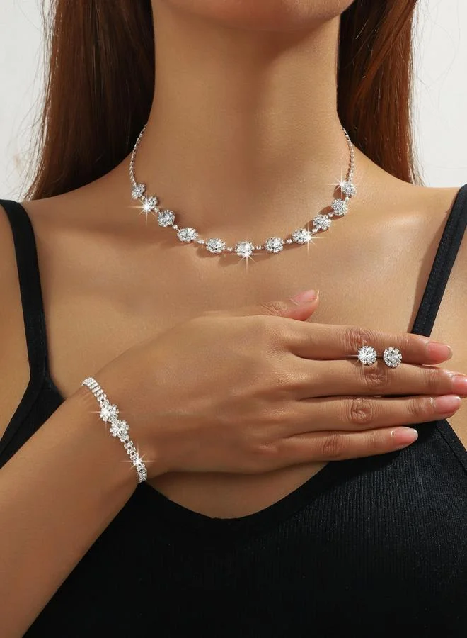 Faux Pearl Rhinestone Necklace with Bracelet and Earrings et