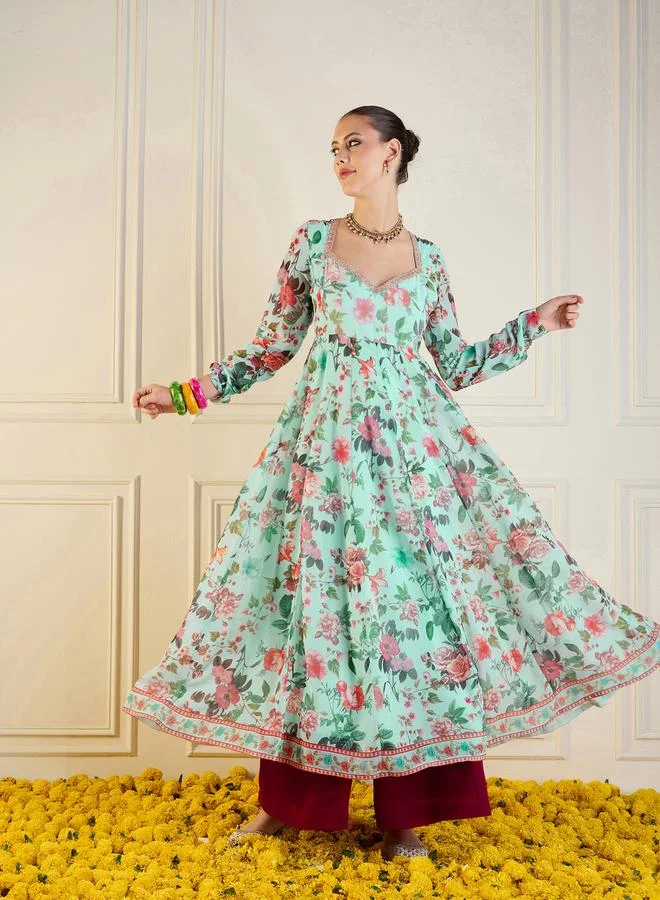 Floral Print Long Anarkali Kurta Pale Green