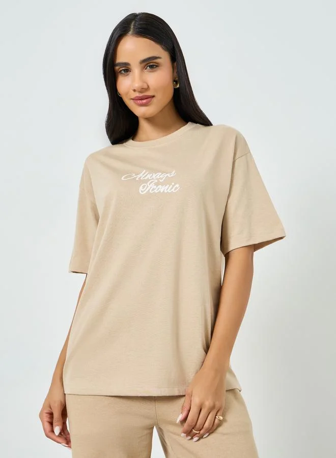 Slogan Print Oversized T-Shirt Beige