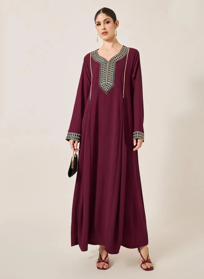 Styli Embroidered Pleated A-Line Jalabyia Burgundy
