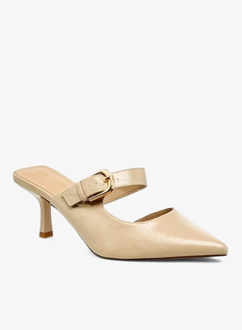 Women's Textured Buckle Flared Heel Mules Beige