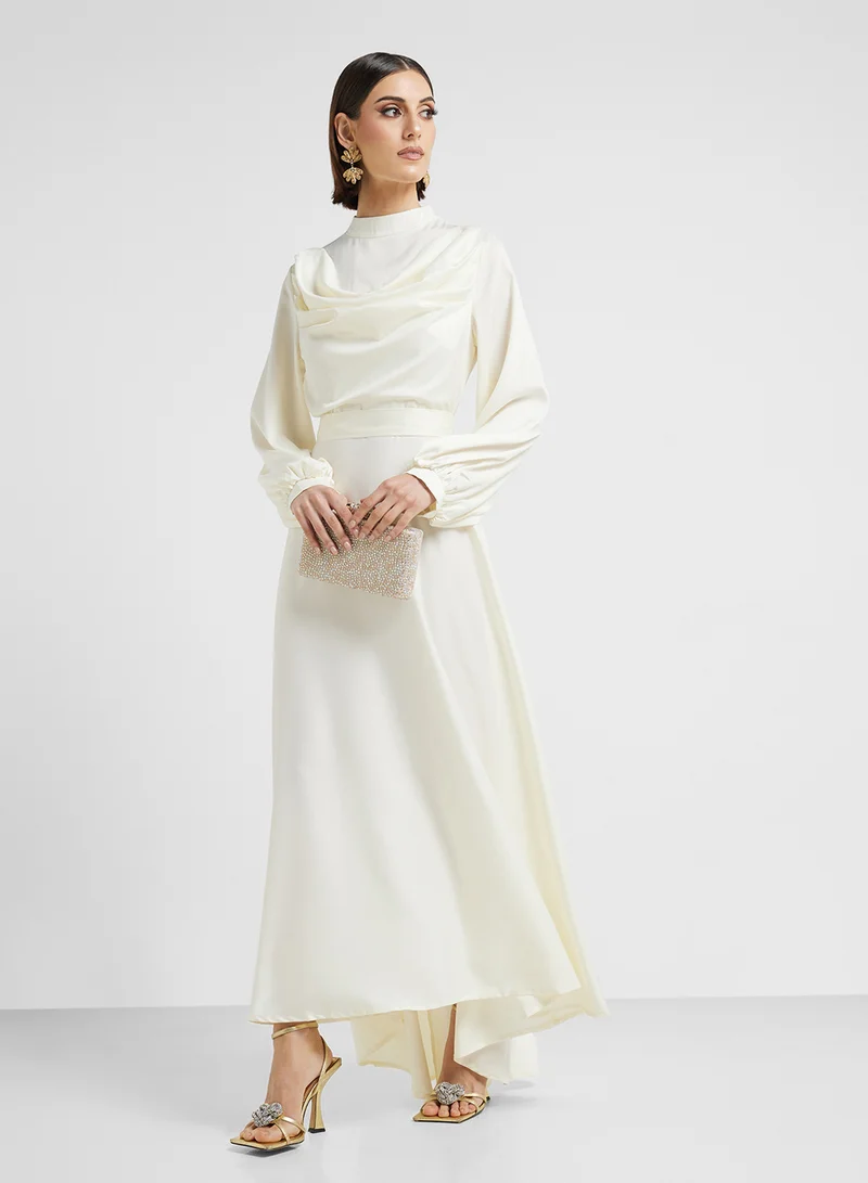 Satin Cowl Maxi Dress Beige