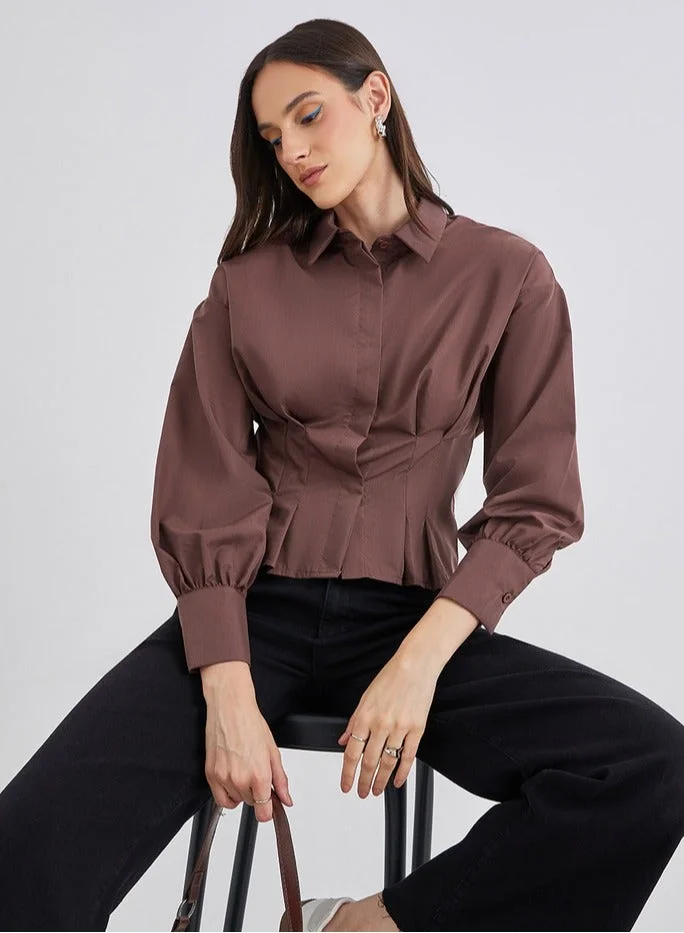 Fold Pleated Fitted Crop Shirt Brown