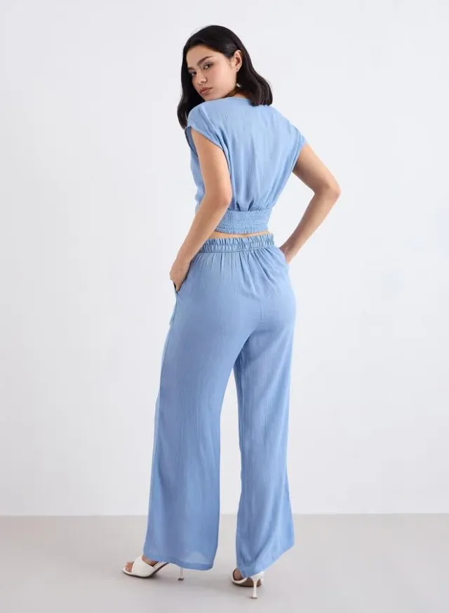 Front Knot Crop Top and Pants Set Blue – image 4