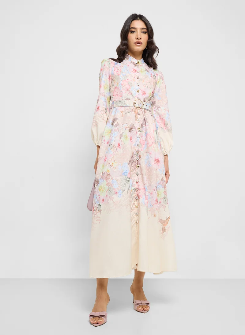 Floral Print Dress Beige