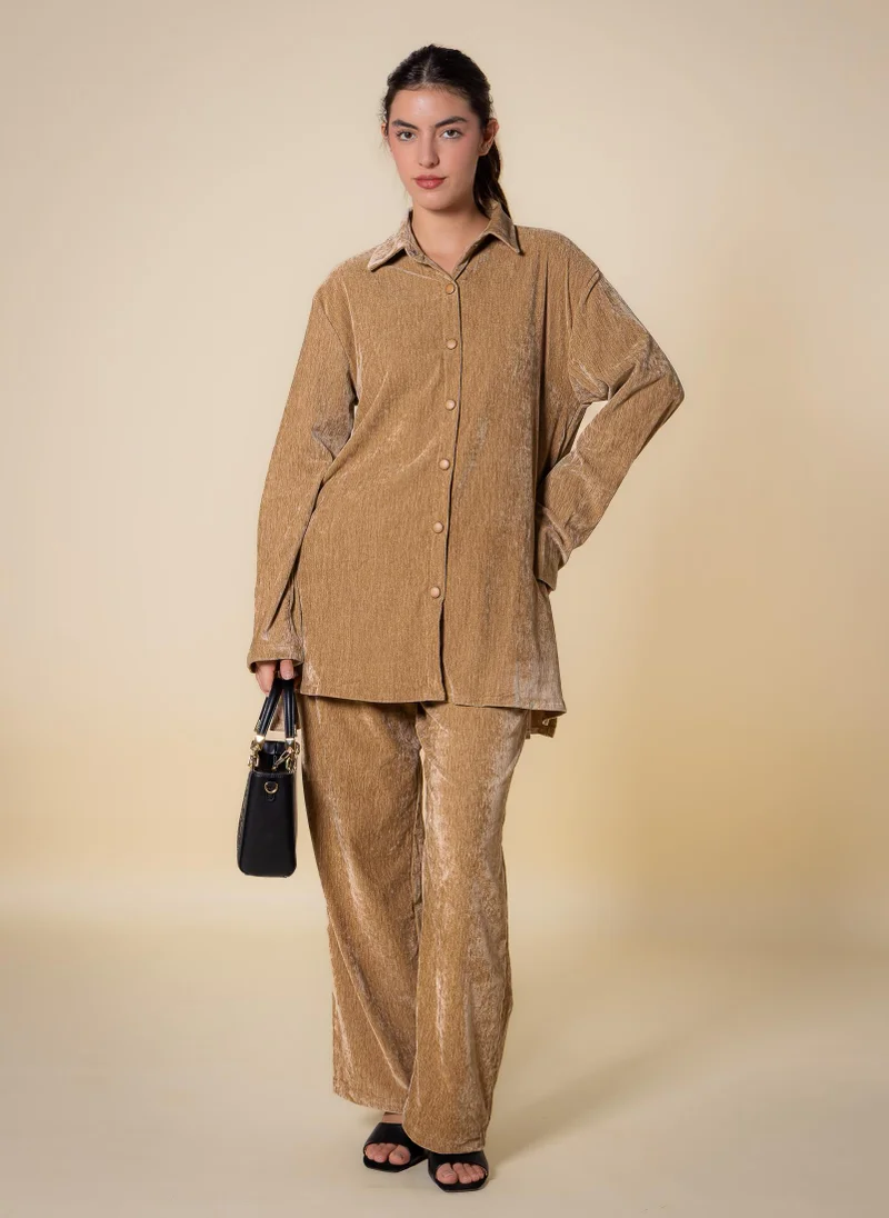 Textured Velvet Shirt Set Beige