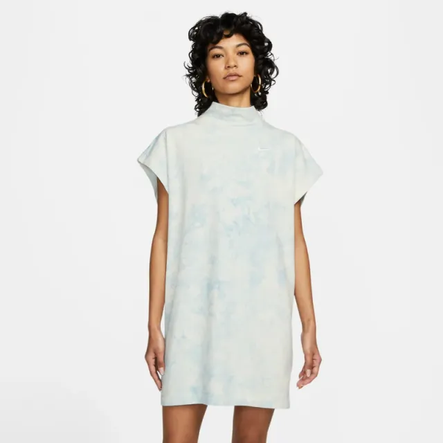 Women's Light Blue Tie-Dye Mini Dress - High Neck, Short Sleeve, Printed – image 5