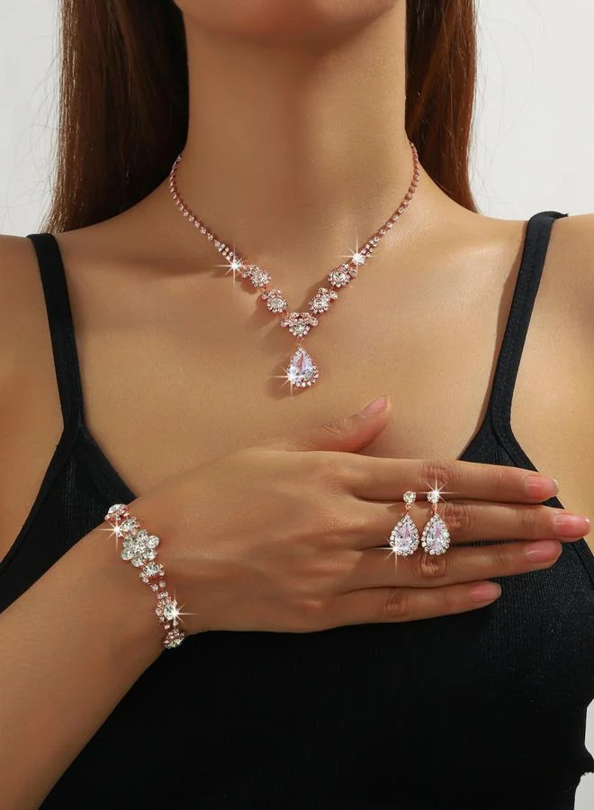 Silver Rhinestone Embellished Necklace with Bracelet and Earrings Set