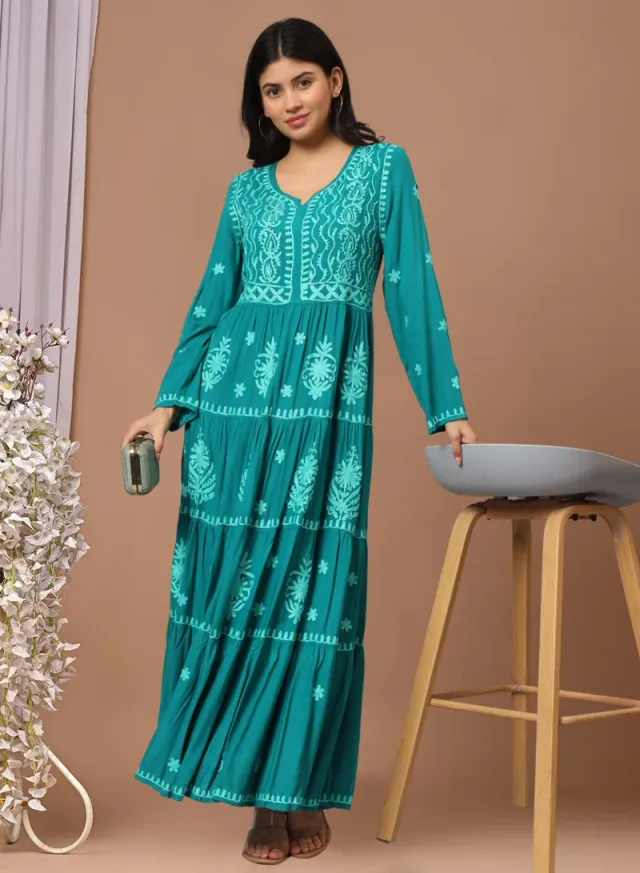 Turquoise Cotton Embroidered Jalabiya for Women - Plus Size – image 6