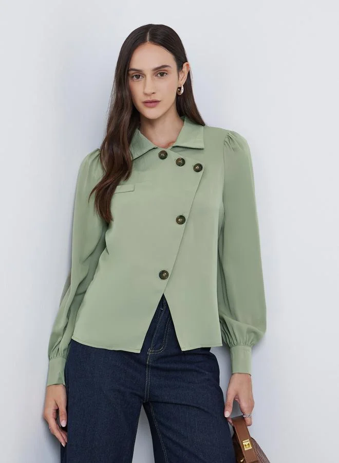 Styli Balloon Sleeve Button Blouse Green