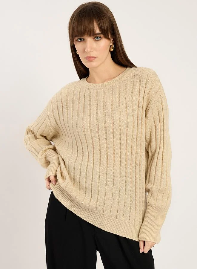 Ribbed Knit Crew Neck Sweater Beige